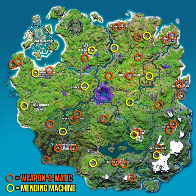 A map showing all vending machines in Fortnite Chapter 2 Season 8. (Image via Epic Games)
