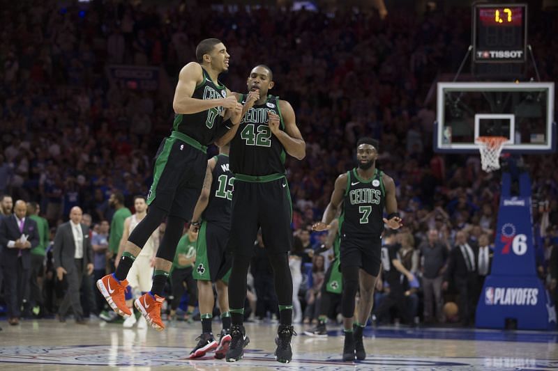 The Boston Celtics in action against the Phhiladelphia 76ers.