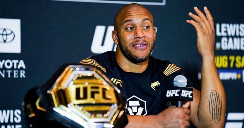 Ciryl Gane speaks during the post fight press conference after defeating Derrick Lewis for the Heavyweight title belt during UFC 265 at Toyota Center on August 7, 2021 in Houston, Texas