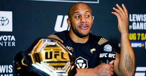 Ciryl Gane speaks during the post fight press conference after defeating Derrick Lewis for the Heavyweight title belt during UFC 265 at Toyota Center on August 7, 2021 in Houston, Texas