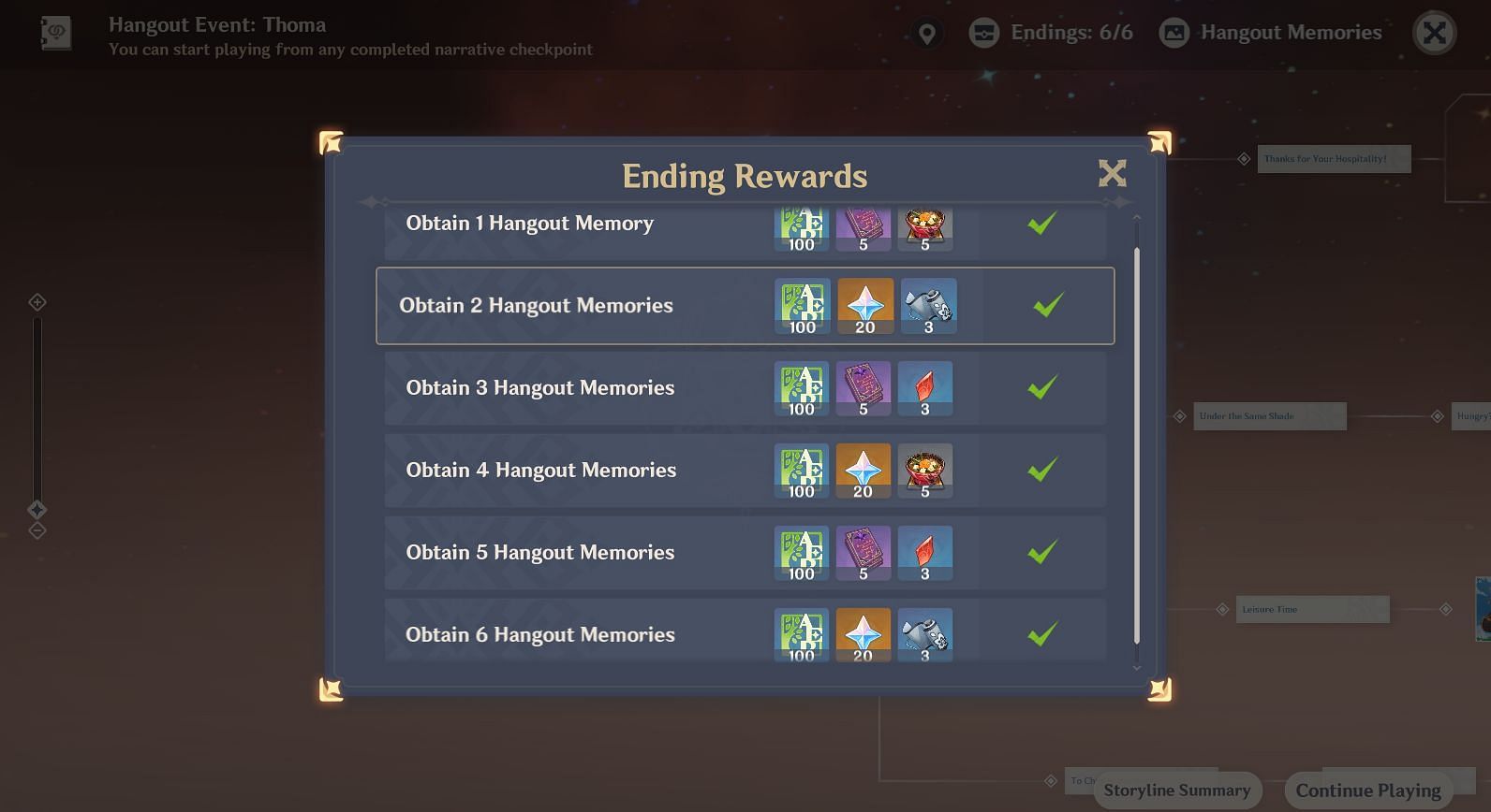 Rewards for obtaining different ending for Thoma&#039;s Hangout Event (Image via Genshin Impact)