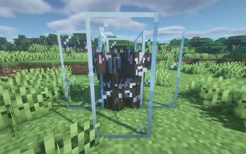 A large number of Minecraft cows in a modified mob farm. Image via Minecraft.