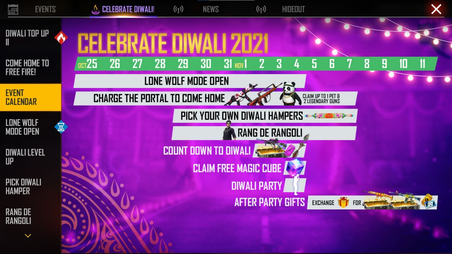 This is the Diwali event calendar (Image via Free Fire)