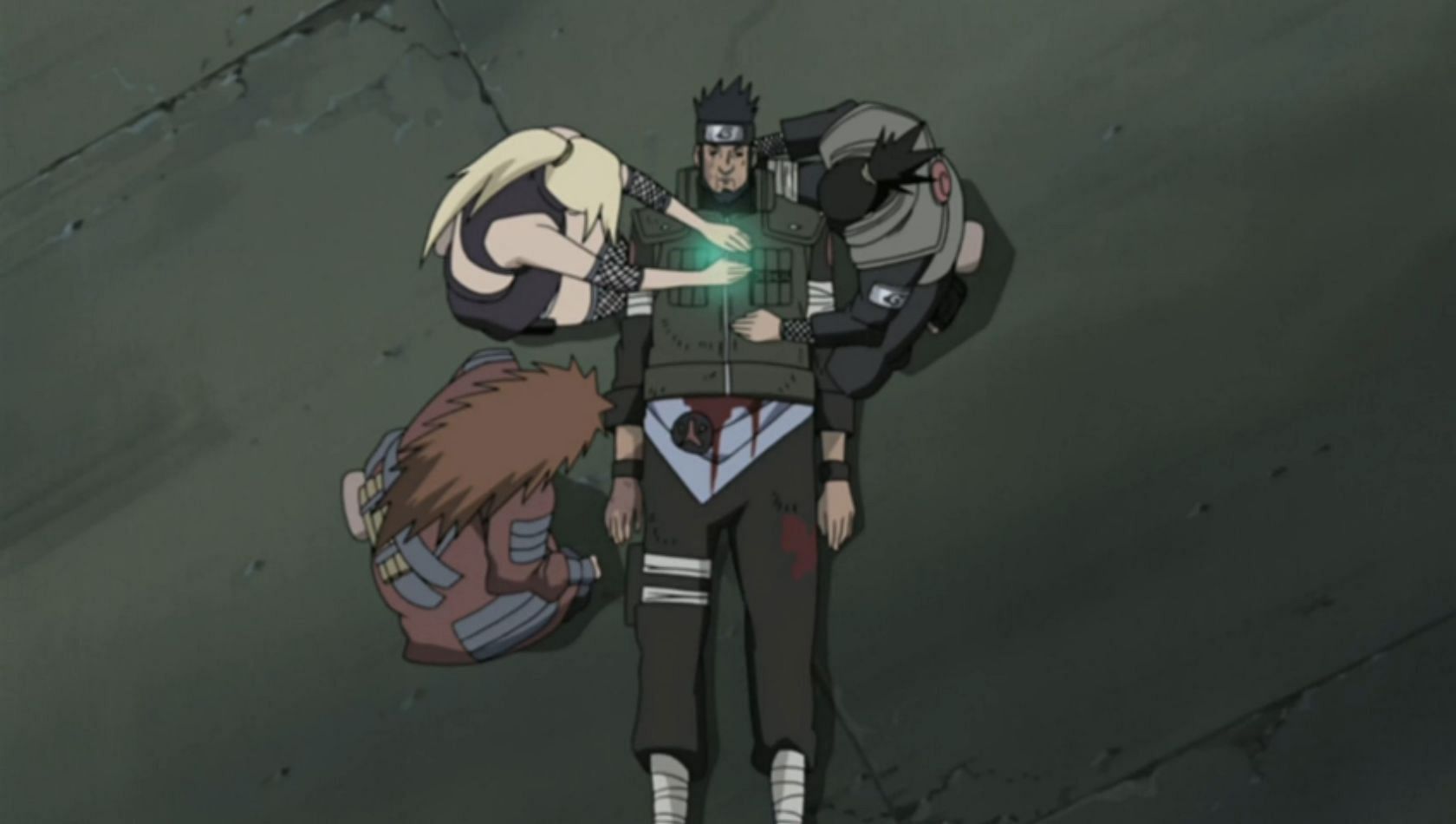 Asuma Sarutobi dies, surrounded by his students of Team 10 (Image via Studio Pierrot)