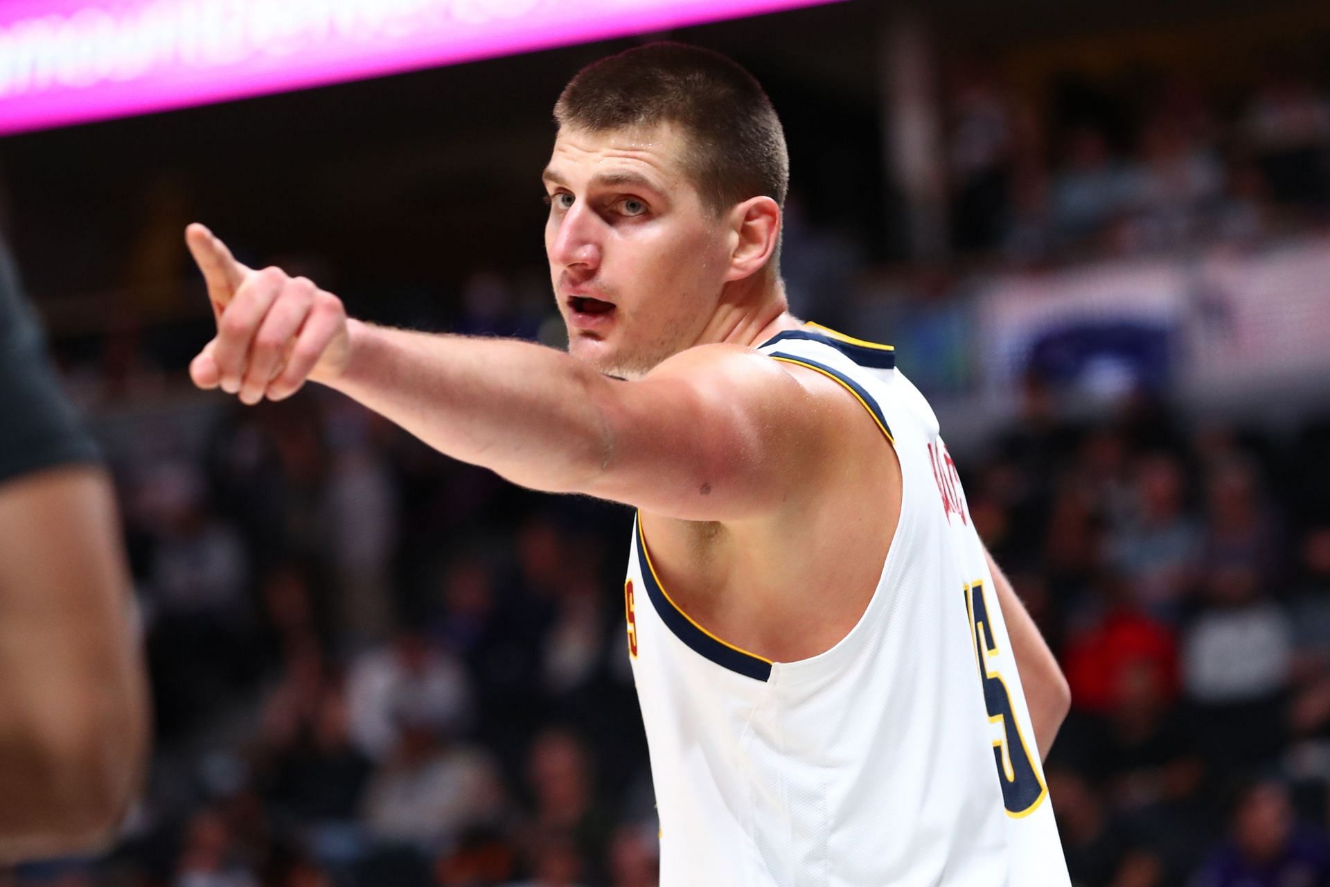 Nikola Jokic (#15) of the Denver Nuggets reacts during the second quarter against the Minnesota Timberwolves at the Ball Arena