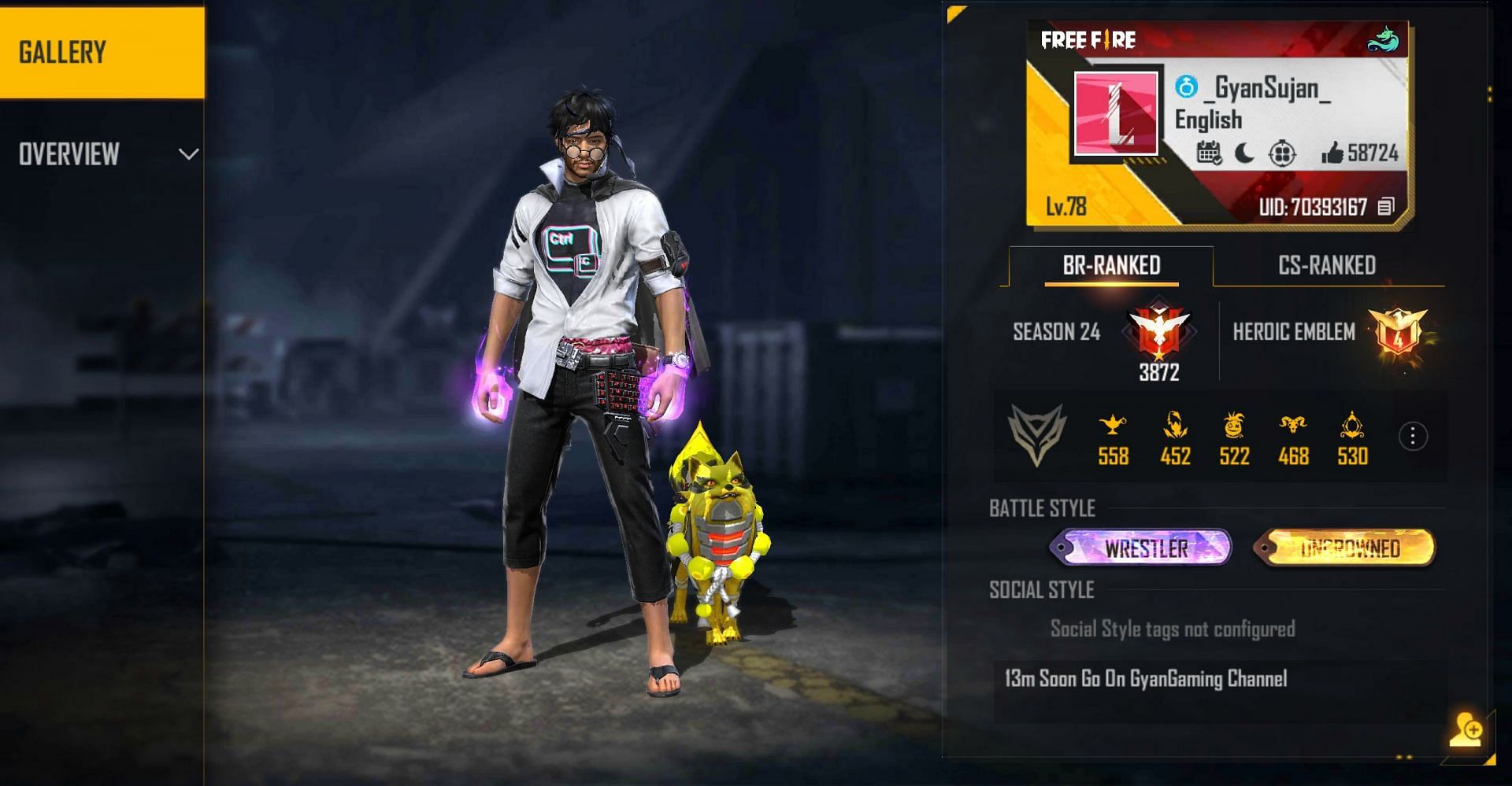 This is Gyan Gaming&#039;s ID in Garena Free Fire (Image via Free Fire)