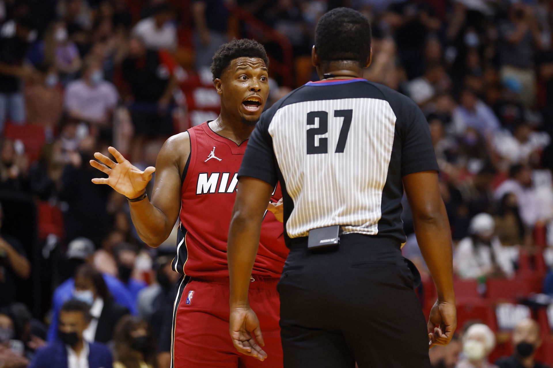 Kyle Lowry #7 of the Miami Heat argues a foul call with referee