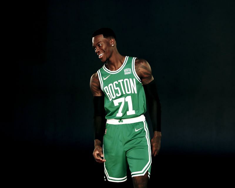 Dennis Schroder poses for photographers during the Boston Celtics&#039; Media Day