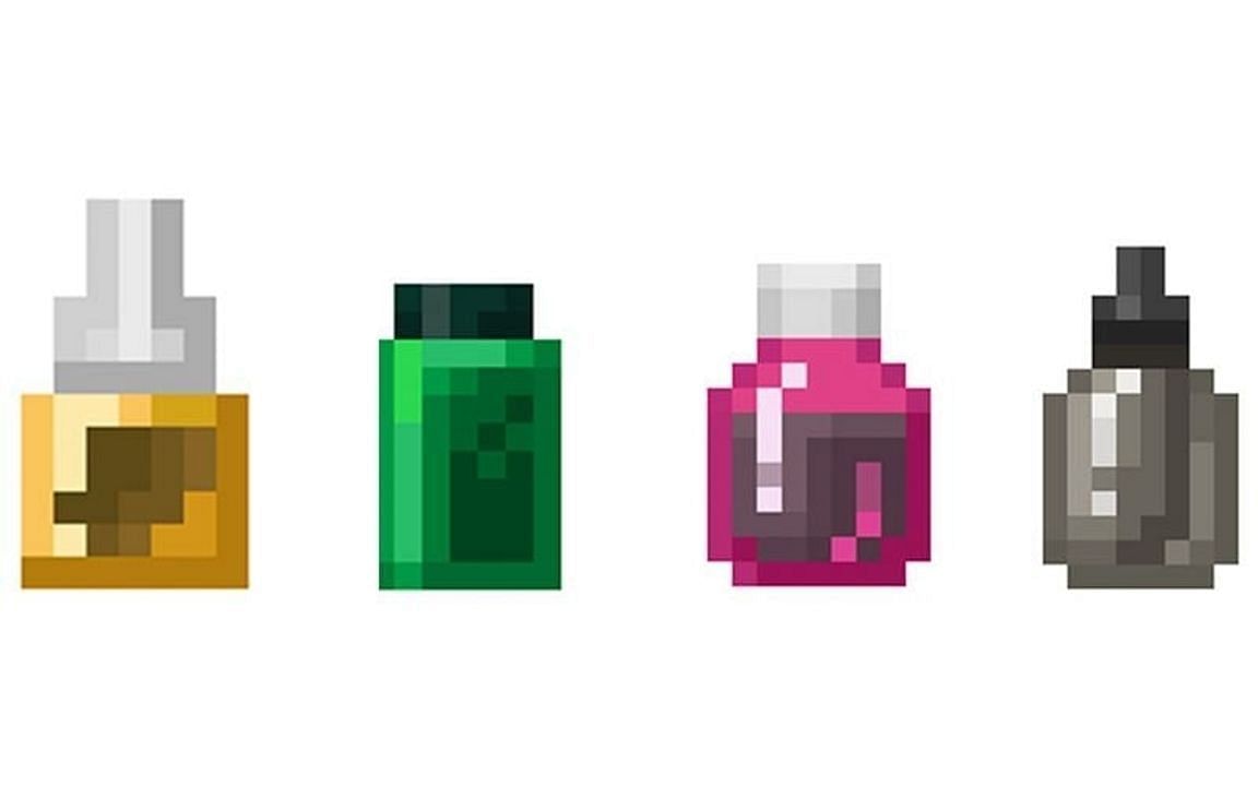 From left to right, the medicines displayed are eye drops, elixir, tonic, and antidote (Image via Mojang)