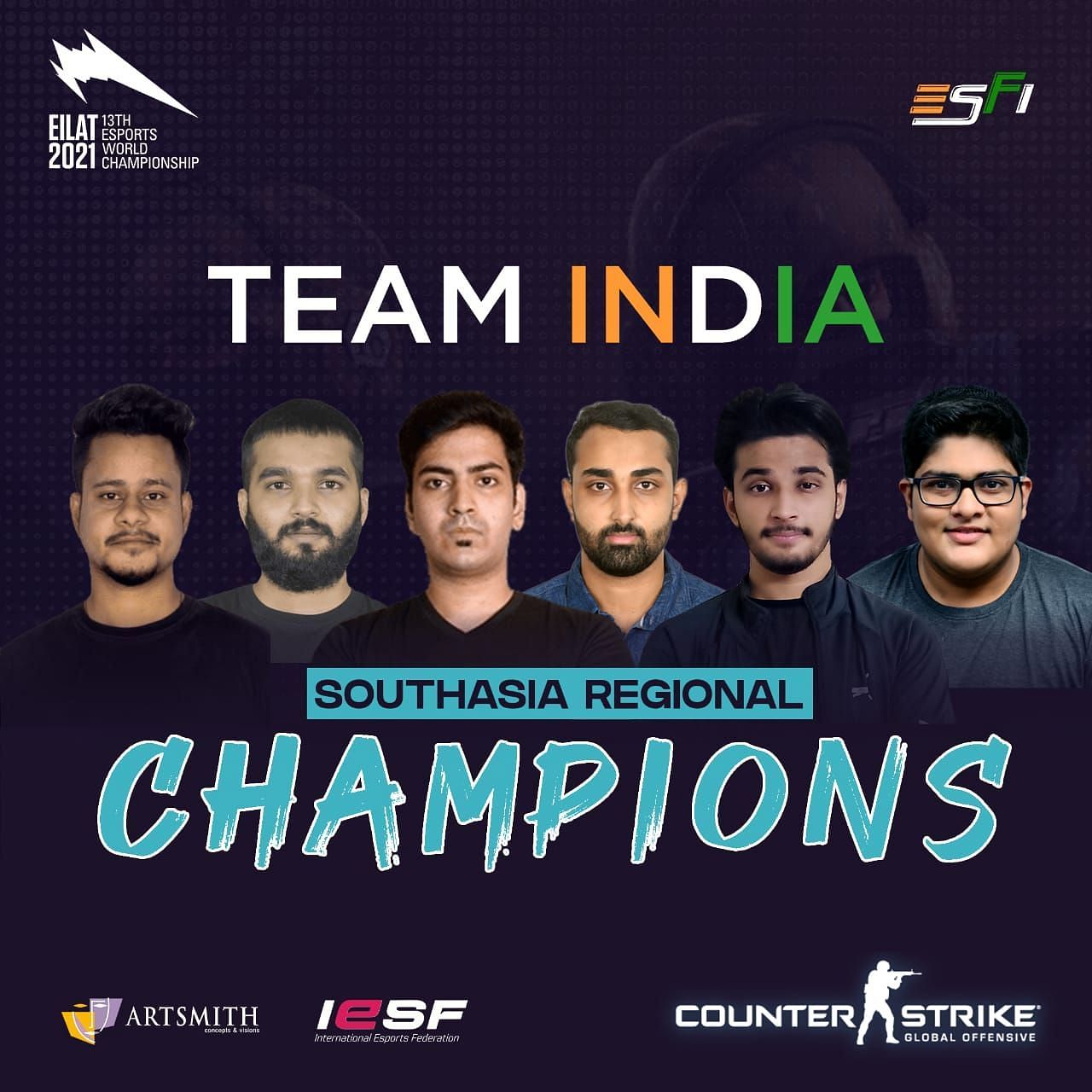 The Indian CS: GO team for the 13th Esports World Championship (Image via ESFI)