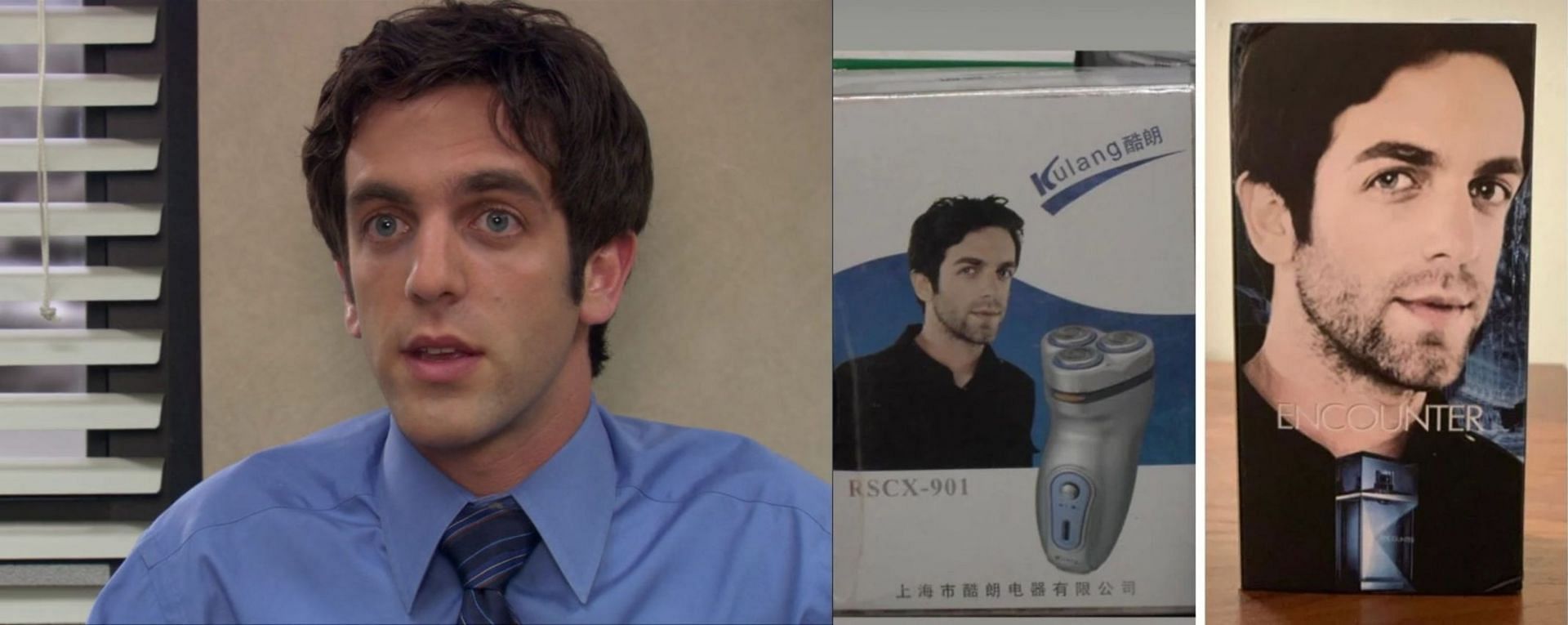 BJ Novak in The Office and in the products using his stock image (Image via NBC, and bjnovak/Instagram)