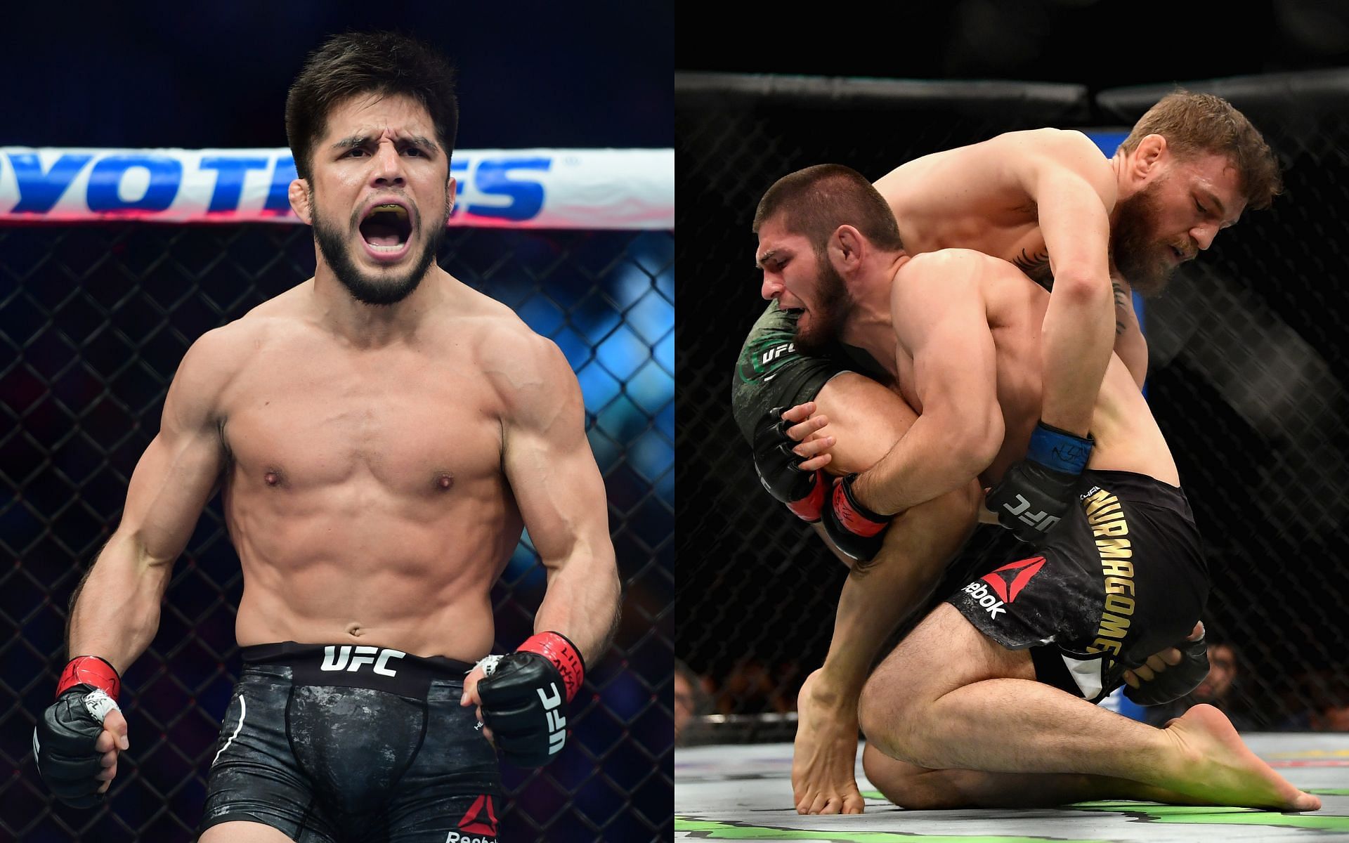 Former UFC fighter Henry Cejudo (left) and action from the bout between Khabib Nurmagomedov and Conor McGregor (right)