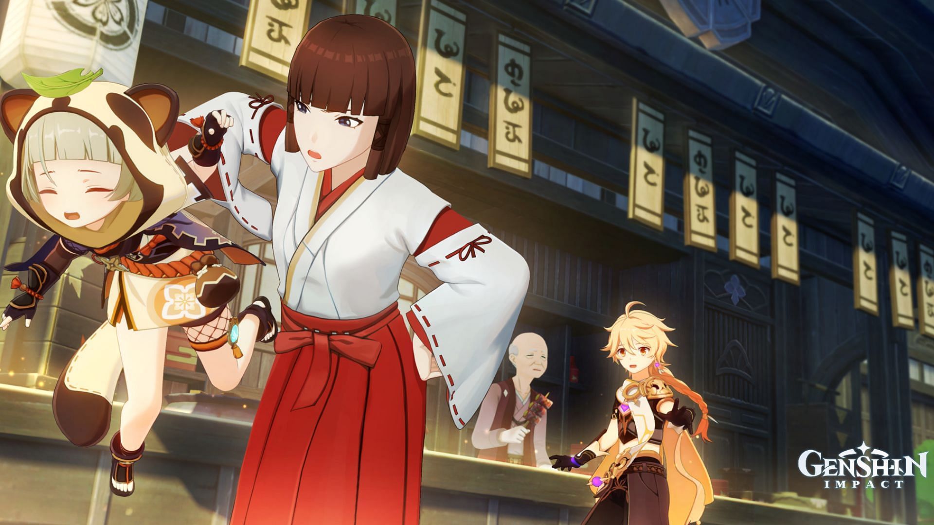Shrine Maiden catches Sayu (Image via Genshin Impact)