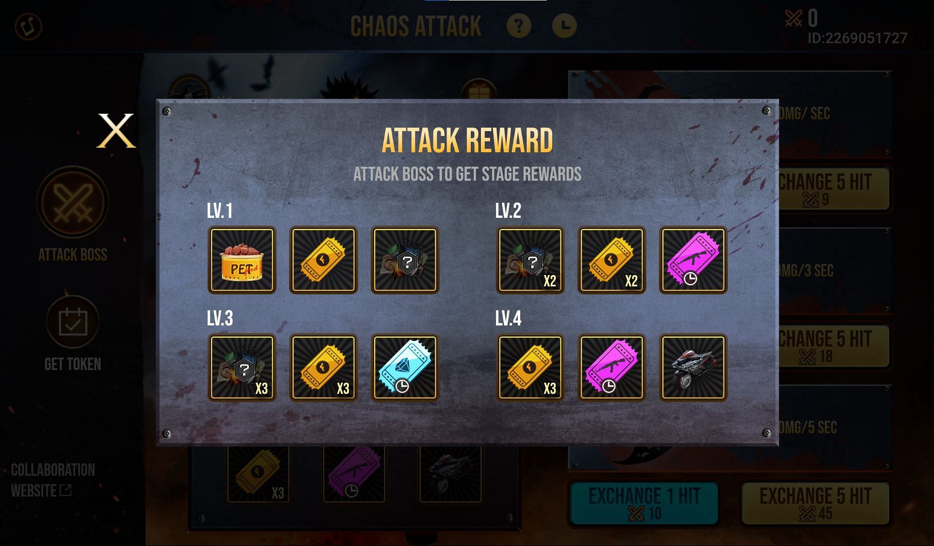 The rewards for defeating each level of boss in Chaos Attack event (Image via Free Fire)