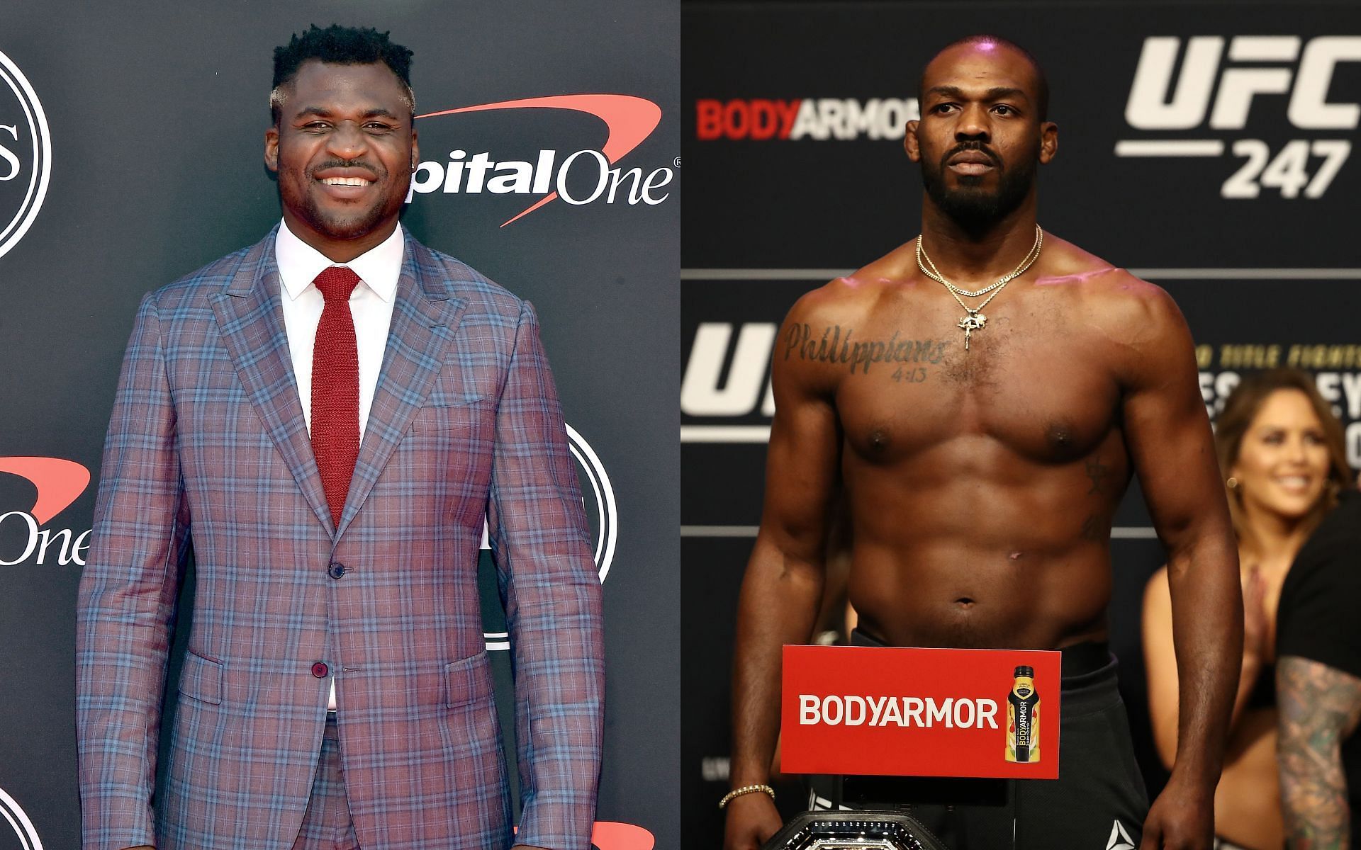 UFC heavyweight stars Francis Ngannou (left) and Jon Jones (right)