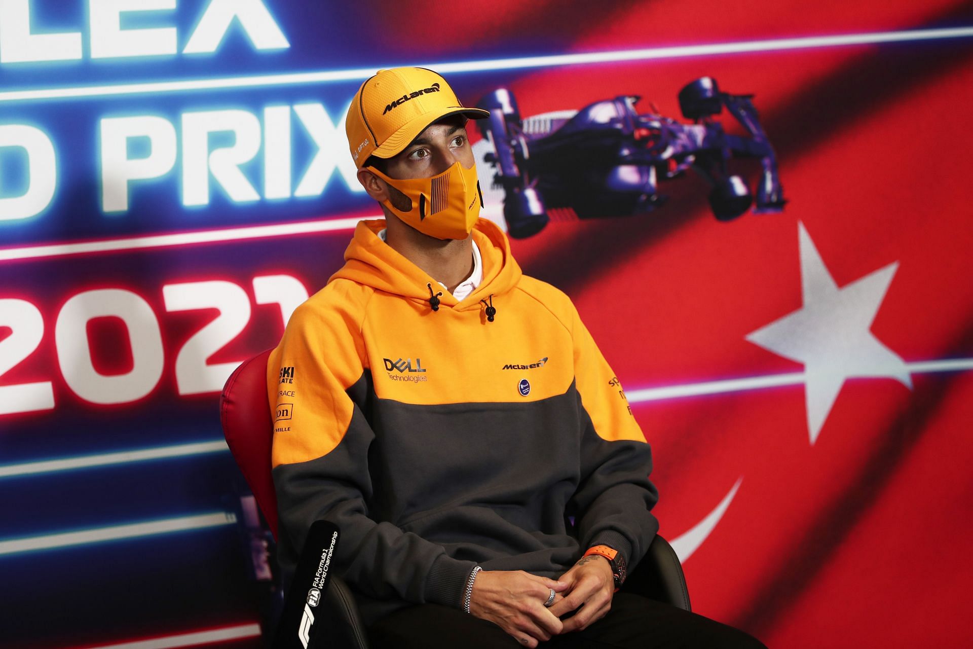 Daniel Ricciardo of McLaren F1 talks in the Drivers Press Conference - 2021 Turkish GP (Photo by Sedat Suna - Pool/Getty Images)