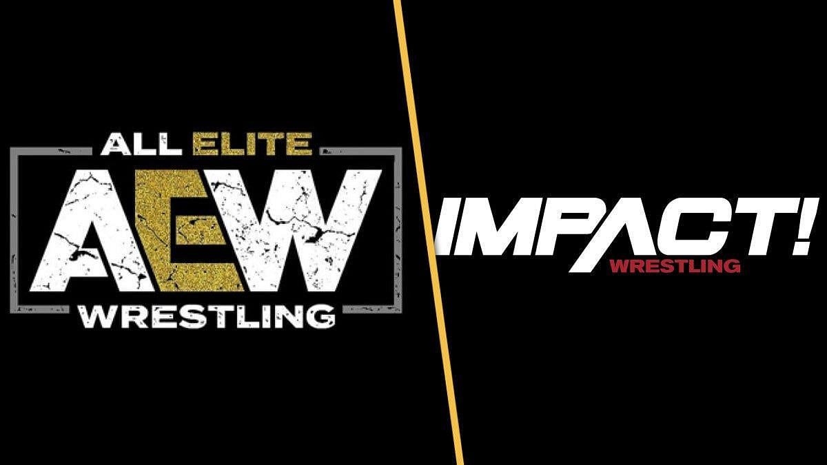 Logo of AEW to the right and Logo of IMPACT to the left.