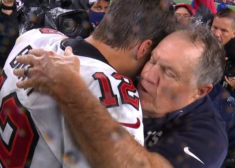 Tom Brady and Bill Belichick met midfield after the game in a brief exchange.