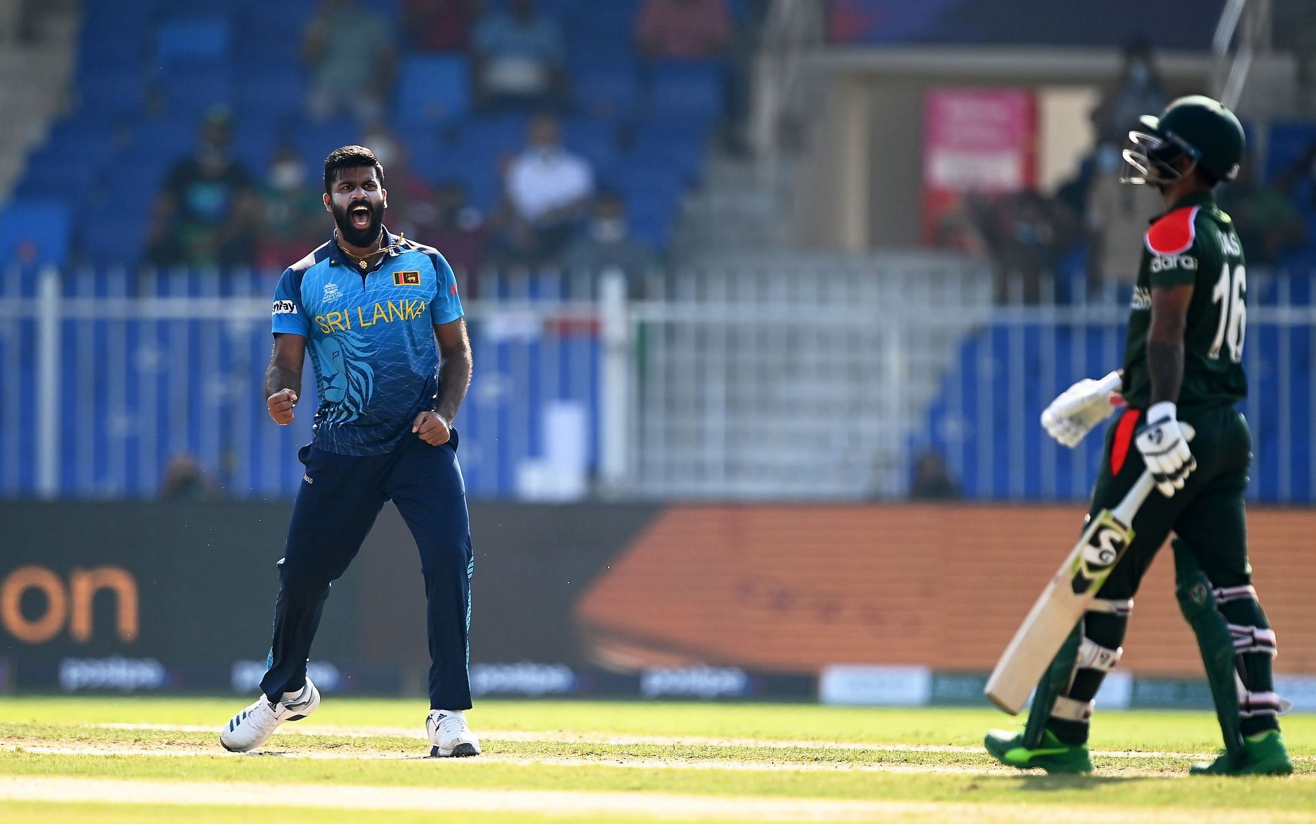 Sri Lanka pacer Lahiru Kumara celebrates a wicket.