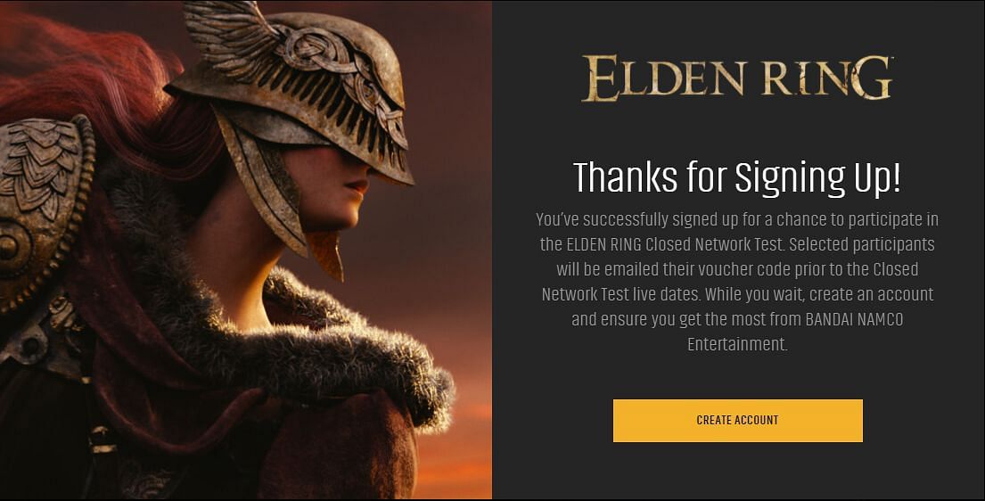 A successful sign up for the Elden Ring Closed Network Test (Image via Bandai Namco)