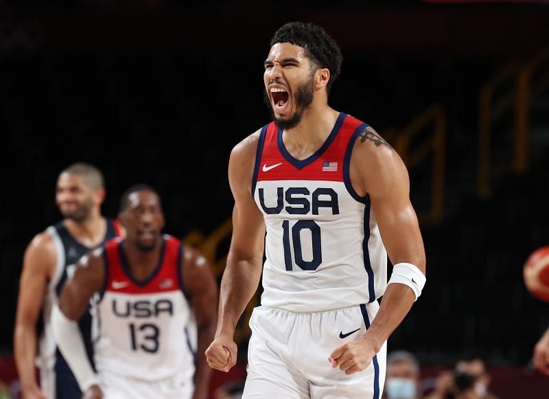 Jayson Tatum celebrates during the Olympic gold medal match against France