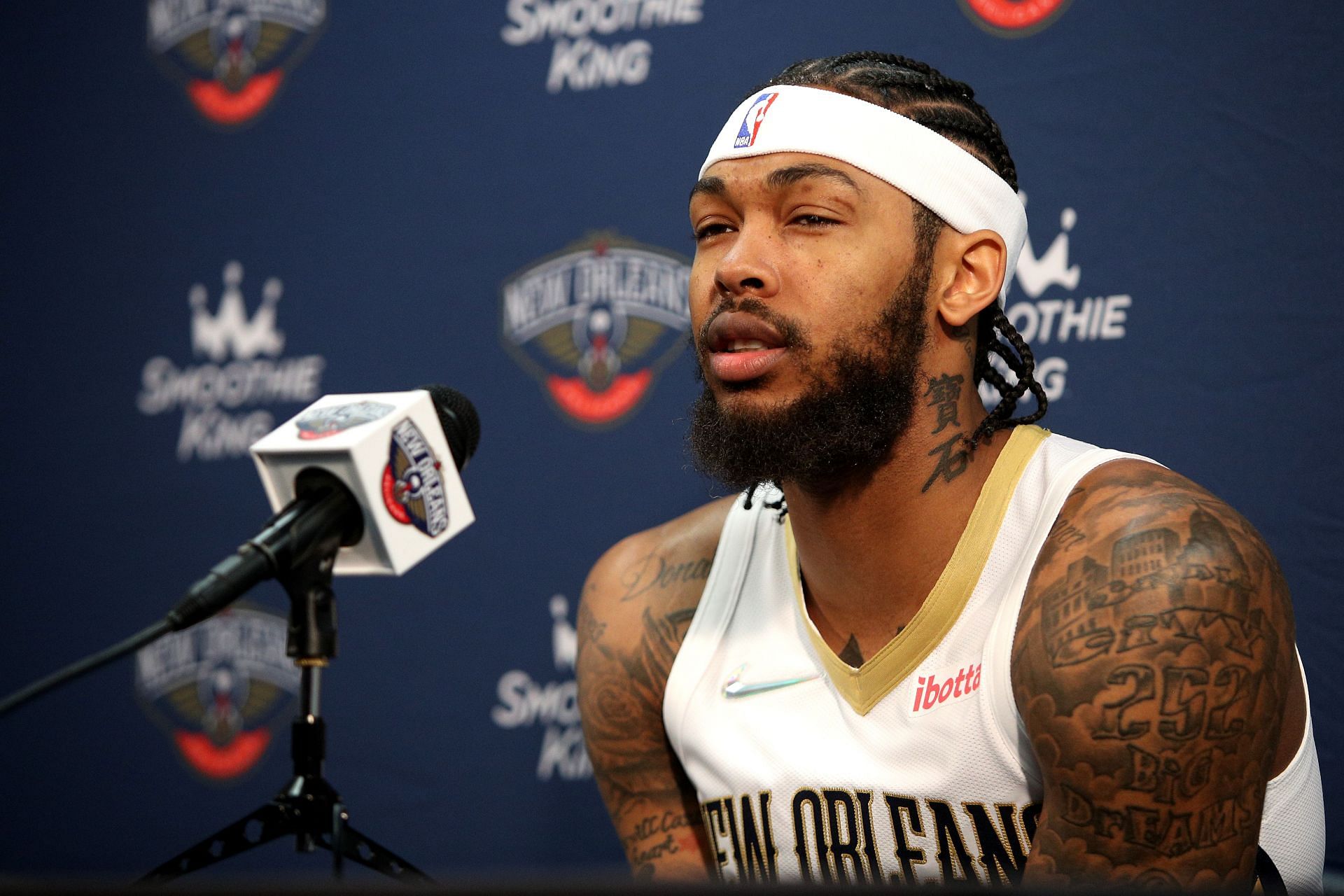 Brandon Ingram #14 of the New Orleans Pelicans speaks to members of the media during Media Day at Smoothie King Center on September 27, 2021 in New Orleans, Louisiana.