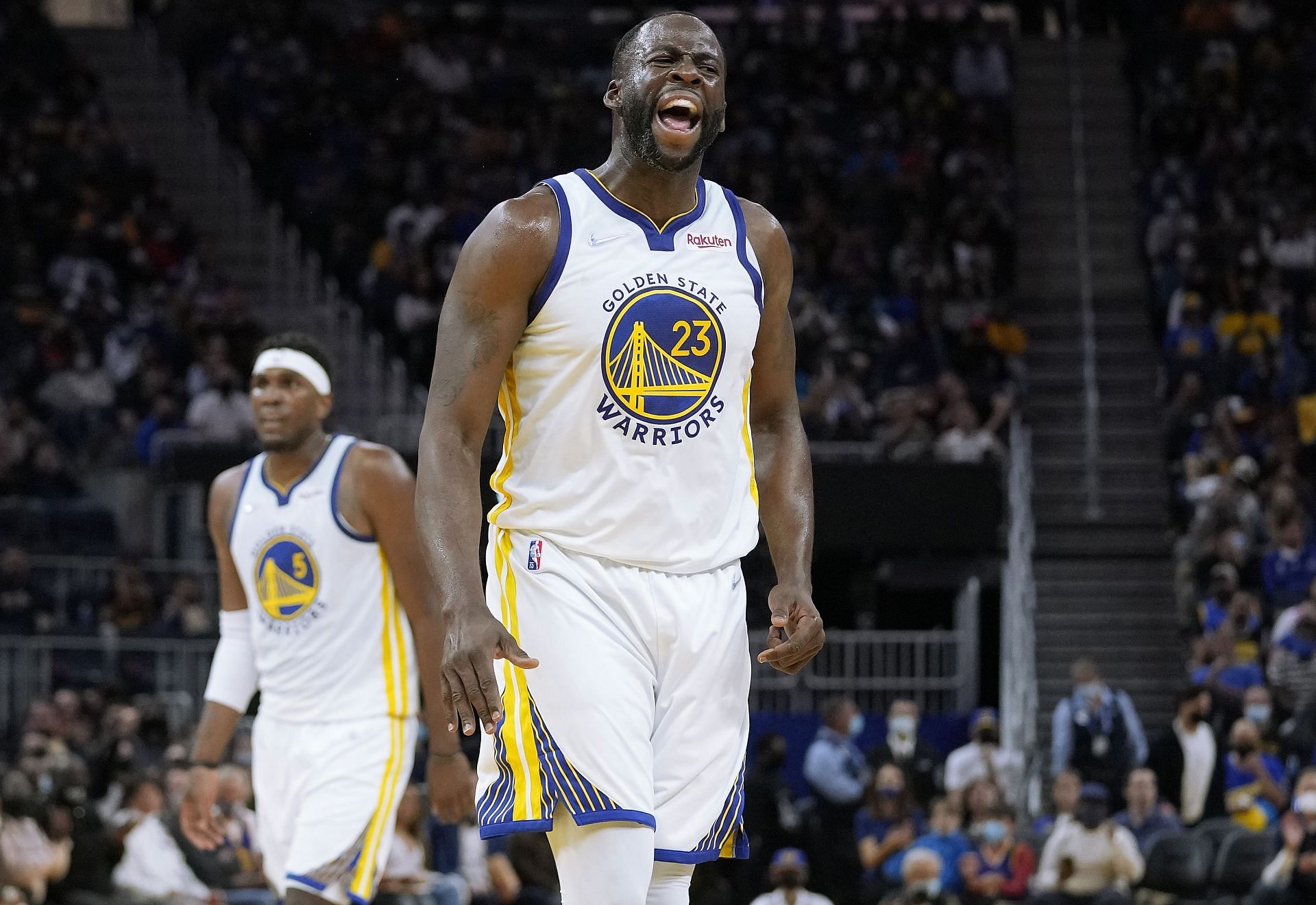 Draymond Green celebrates a play by the Golden State Warriors