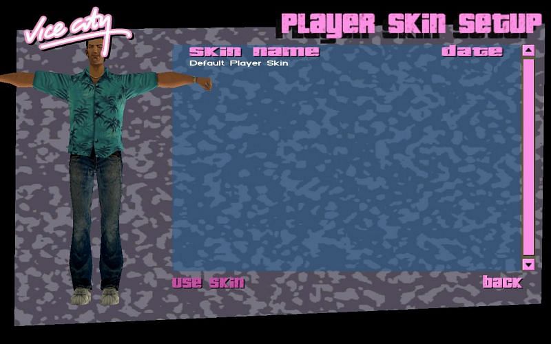 The screen for equipping skins in GTA Vice City (Image via Rockstar Games)