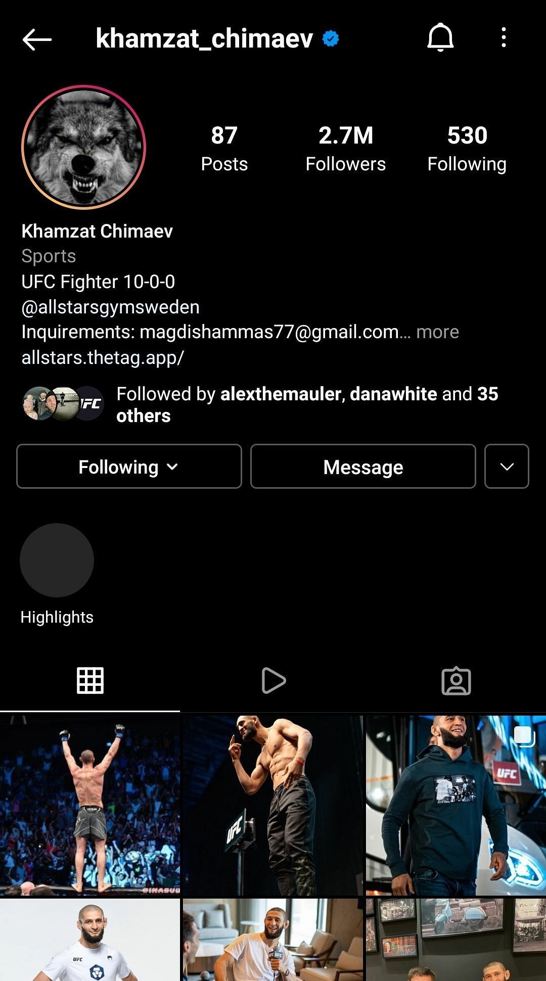 Khamzat Chimaev has 2.7 million Instagram followers