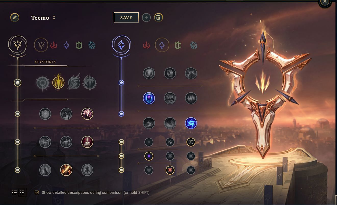 Rune path and rune shards for Teemo&#039;s permanent blinding trick (Image via League of Legends)
