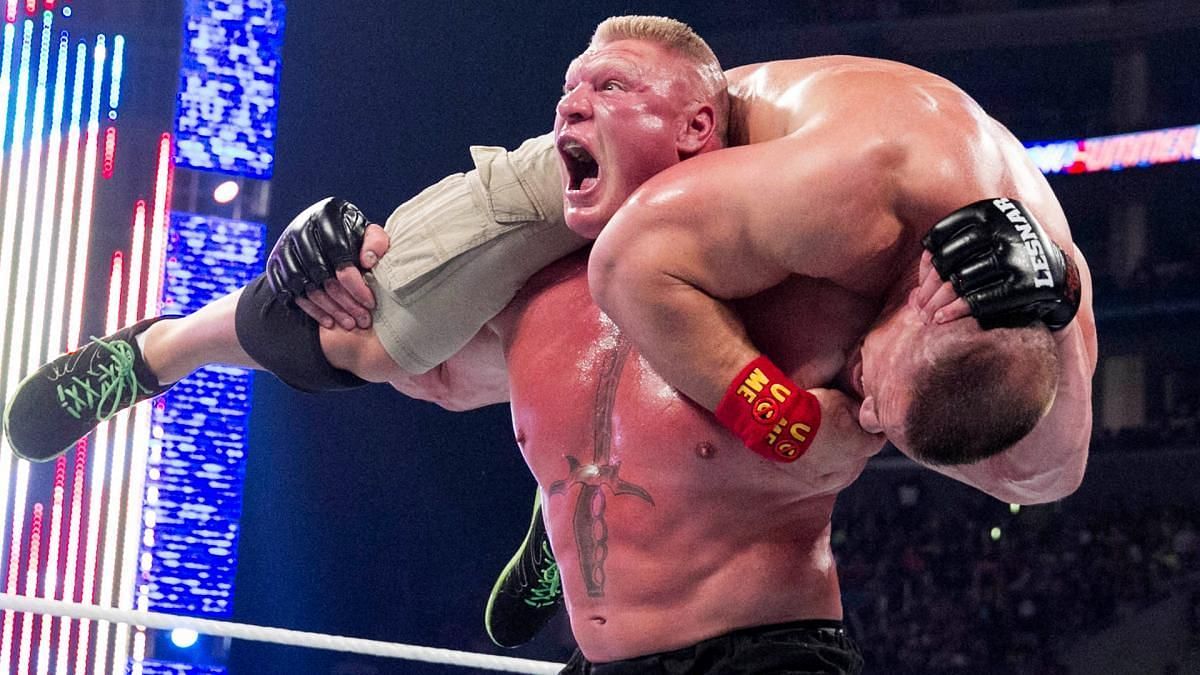 Brock Lesnar setting up John Cena for an F5