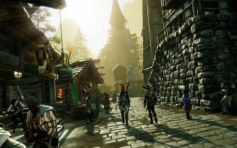 Players venturing through a town in New World. (Image via Amazon Games)