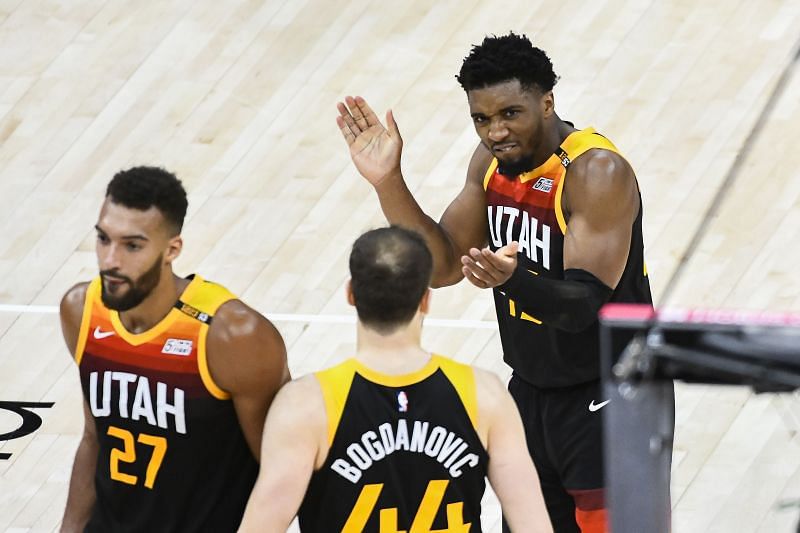 Donovan Mitchell reacts during Los Angeles Clippers v Utah Jazz - Game Five