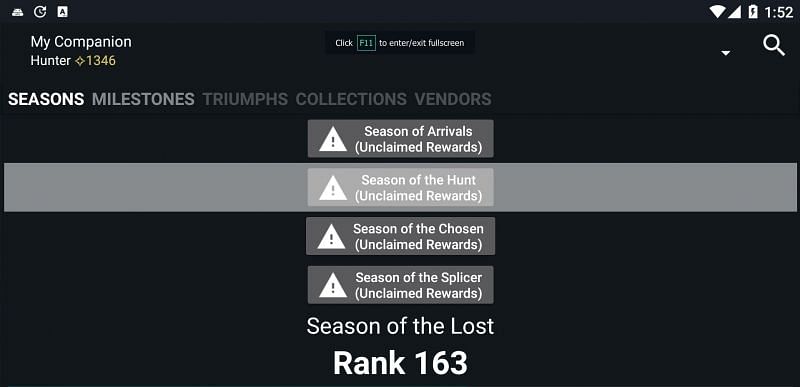 Season selection (Image via Destiny 2 companion app)