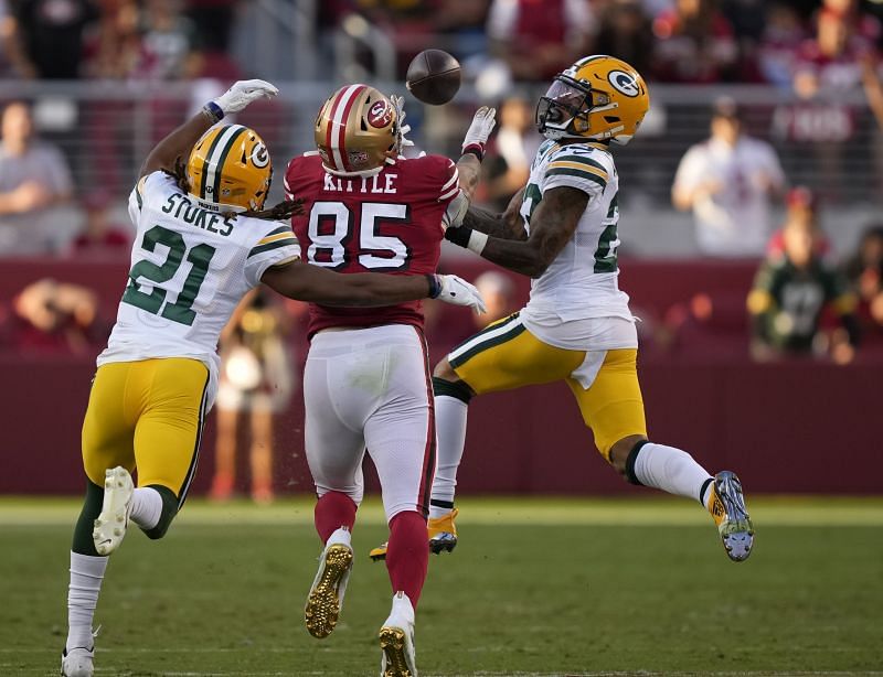 Green Bay Packers corner Jaire Alexander claims an interception against the San Francisco 49ers
