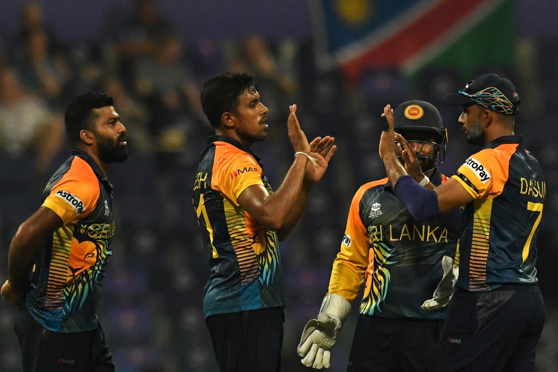 Sri Lankan team celebrates a wicket against Namibia. Pic: T20WorldCup/ Twitter
