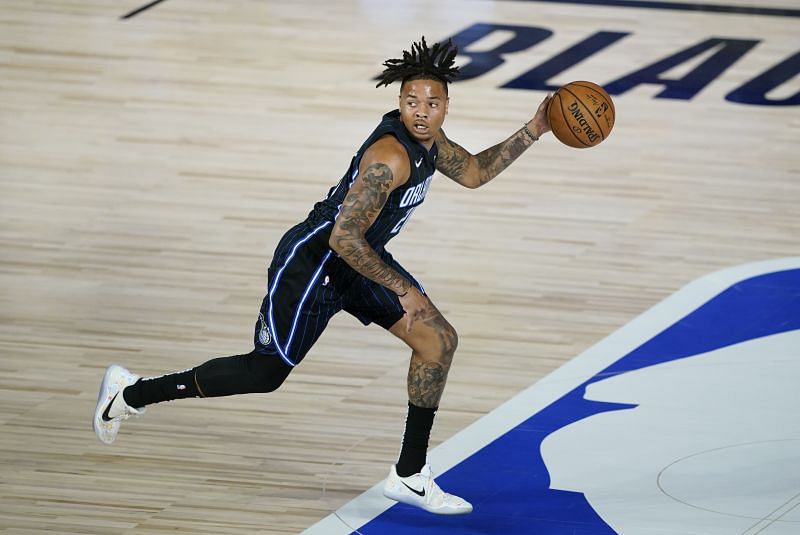 Markelle Fultz #20 of the Orlando Magic brings the ball up court against the Milwaukee Bucks in the first half of Game Four during the first round of the playoffs at The Field House at ESPN Wide World Of Sports Complex on August 24, 2020 in Lake Buena Vista, Florida.
