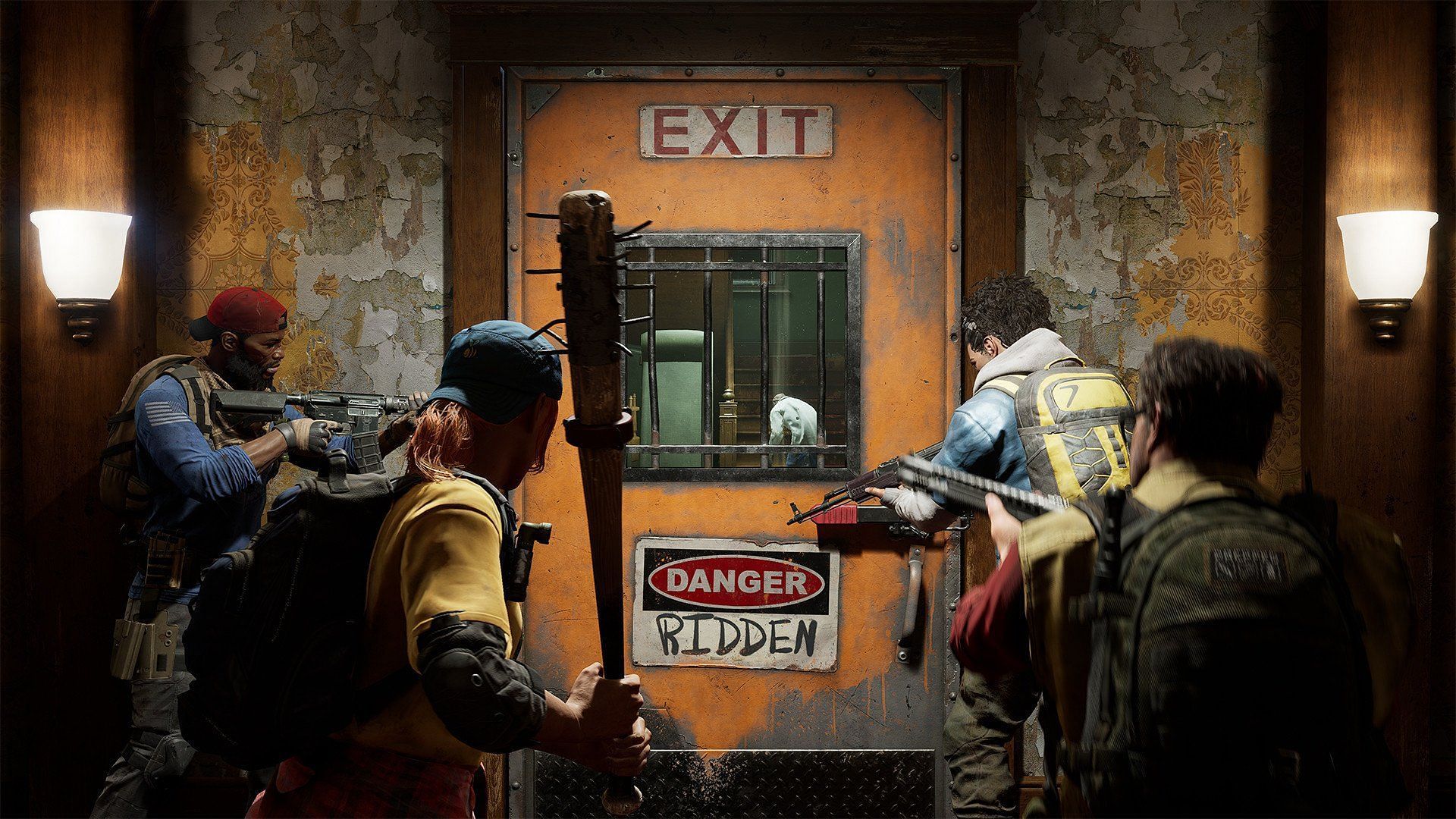 Characters approaching a closed door in Back 4 Blood. (Image via Turtle Rock Studios)