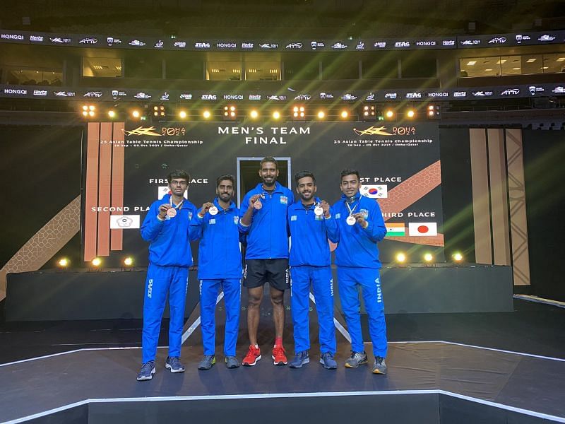 Indian table tennis men&#039;s team after winning a bronze medal in team finals. The doubles pairs also win bronze medals at the event. (PC: ITTF)