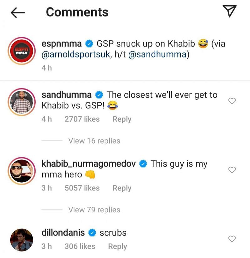 Khabib Nurmagomedov comments about Georges St-Pierre on ESPN MMA&#039;s Instagram post