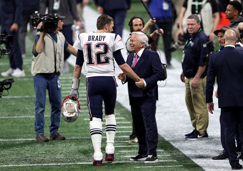 Tom Brady and Robert Kraft celebrating their sixth Super Bowl