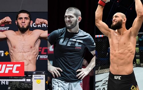 UFC superstars Khamzat Chimaev (right), Khabib Nurmagomedov (center) and Islam Makhachev (left)