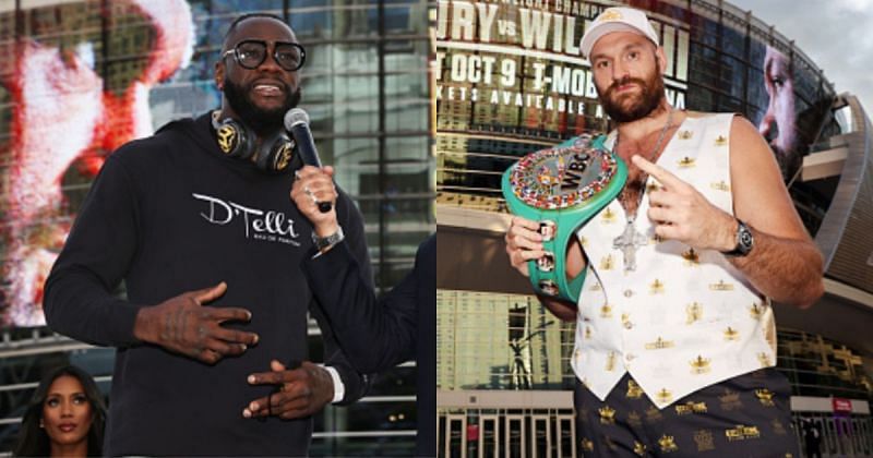 Deontay Wilder (left) and Tyson Fury (right) outside the T-Mobile Arena