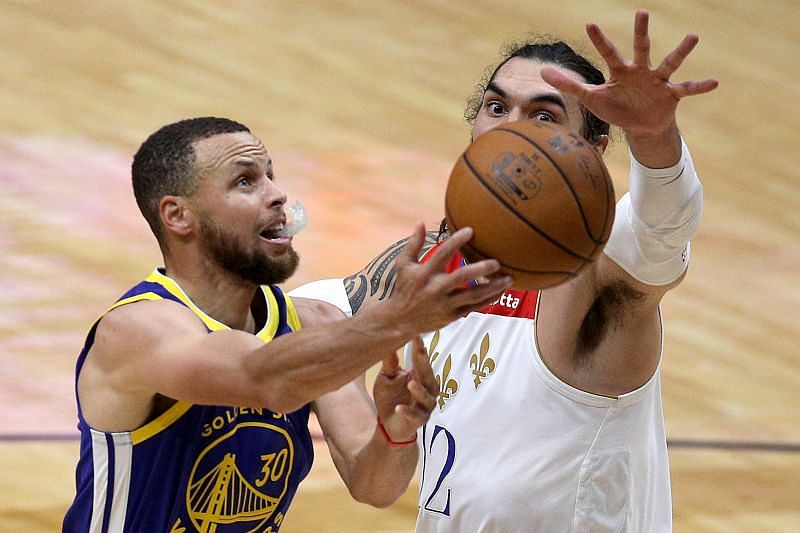 Stephen Curry #30 of the Golden State Warriors shoots over Steven Adams #12 of the New Orleans Pelicans during the second quarter of an NBA game at Smoothie King Center on May 04, 2021 in New Orleans, Louisiana.