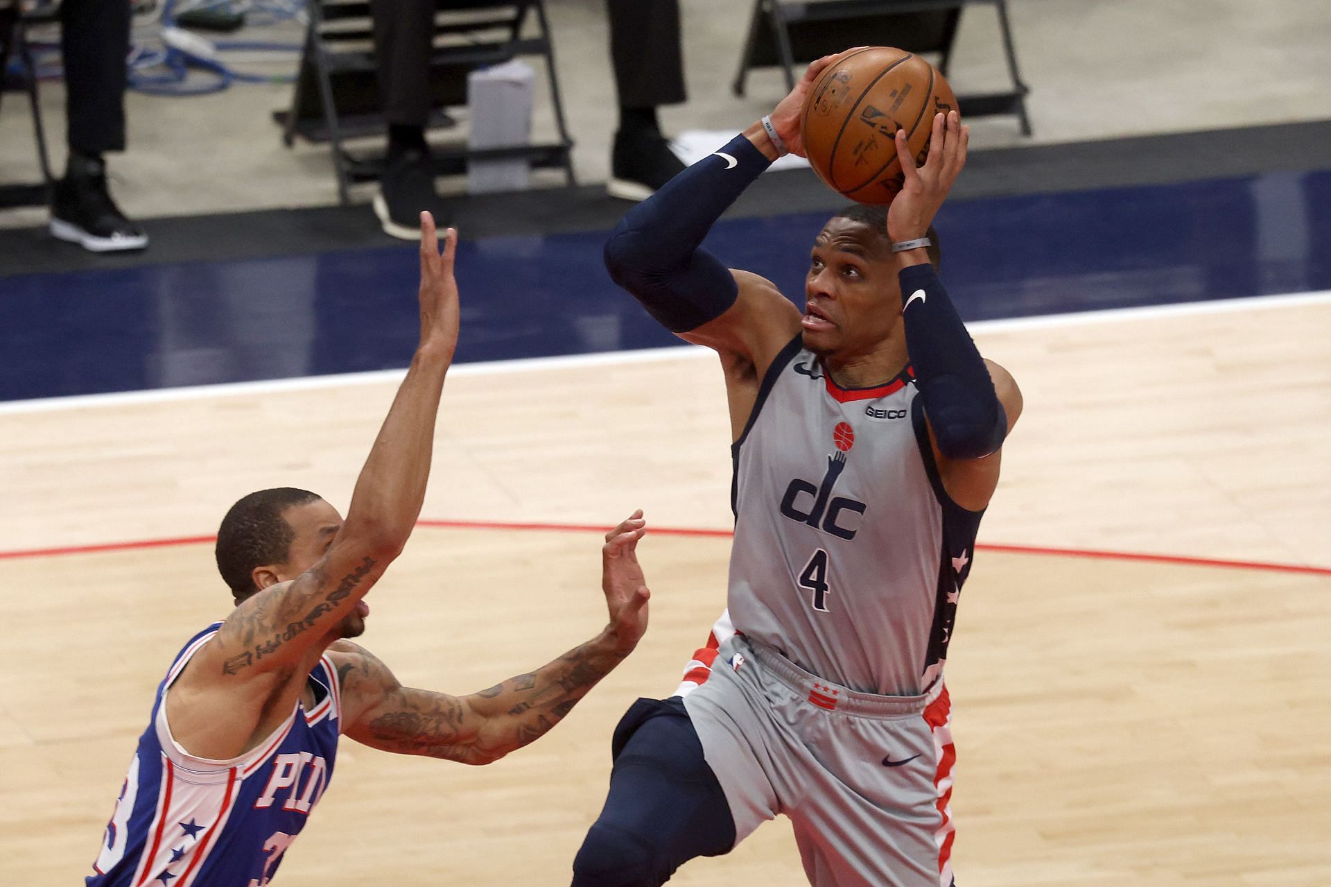 Russell Westbrook #4 of the Washington Wizards puts up a shot against the Philadelphia 76ers