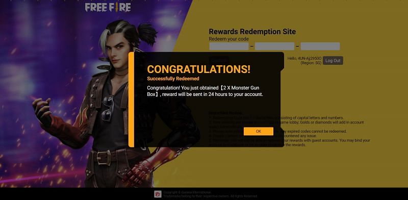 A new Free Fire redeem code has been released for Singapore (Image via Free Fire)
