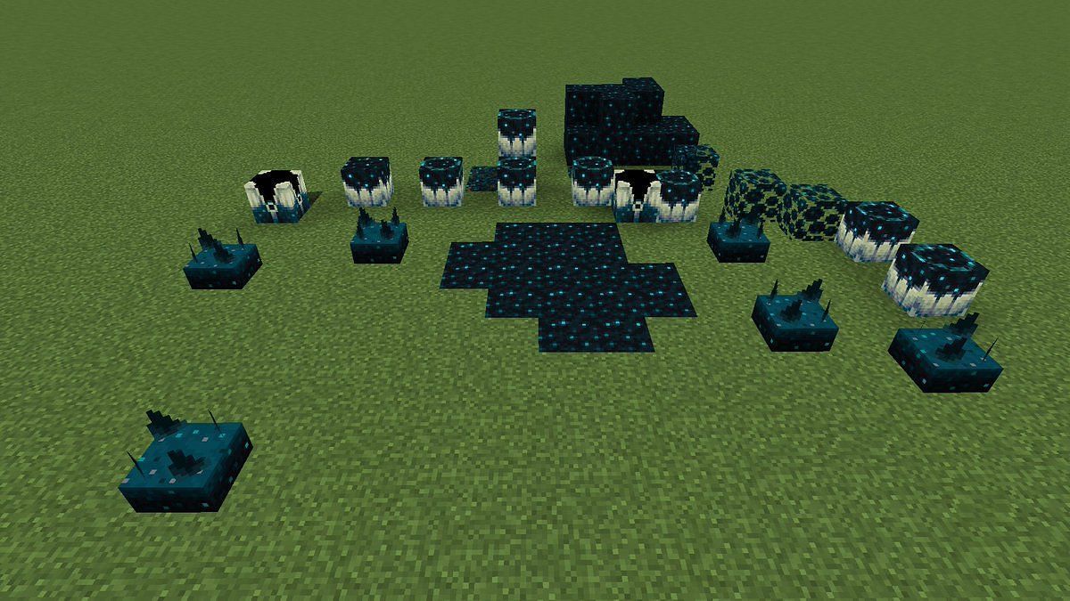 A collection of sculk blocks, with the shrieker in the top-left of the assortment (Image via Mojang)