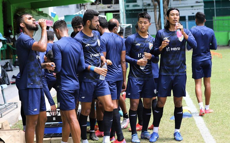 The Indian football team during their recovery session on Tuesday. (PC: AIFF)