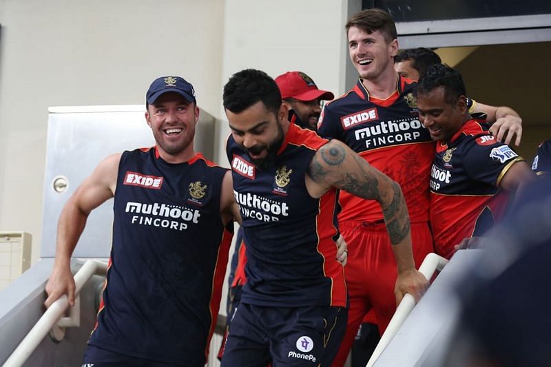 RCB players rush out to celebrate KS Bharat&#039;s performance on Friday. (PC: IPLT20.com)