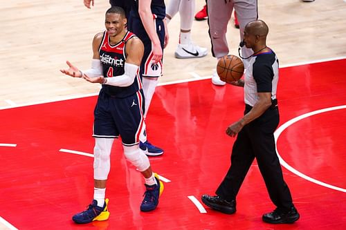 Russell Westbrook (#4) reacts to a foul during an NBA game